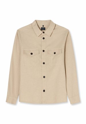 Beige langärmliges Hemd zum Knöpfen mit zwei mit Knöpfen verschließbaren Brusttaschen und klassischem Kragen, Größe M, Marke OLYMP.