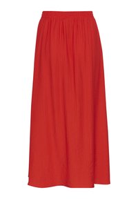 Jupe longue et fluide rouge avec une taille élastique, fabriquée en tissu léger, présentant une texture lisse et un effet froissé subtil.