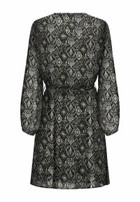 Robe noire à motif avec des manches trois-quarts et une coupe loose. Elle présente une taille élastique et un design géométrique complexe en contraste.