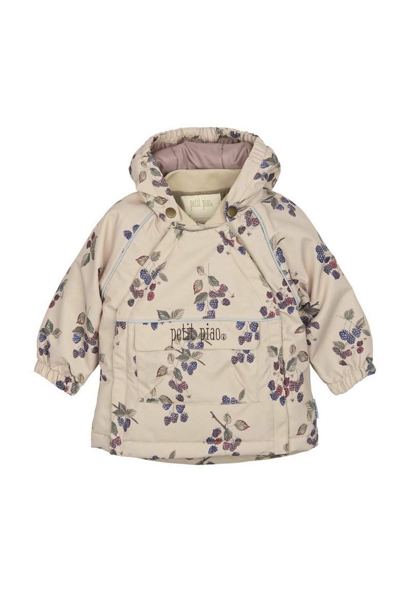 Giacca color beige chiaro con stampa floreale in viola e verde. Presenta un cappuccio, polsini elastici e una tasca frontale. Logo visibile sulla tasca.