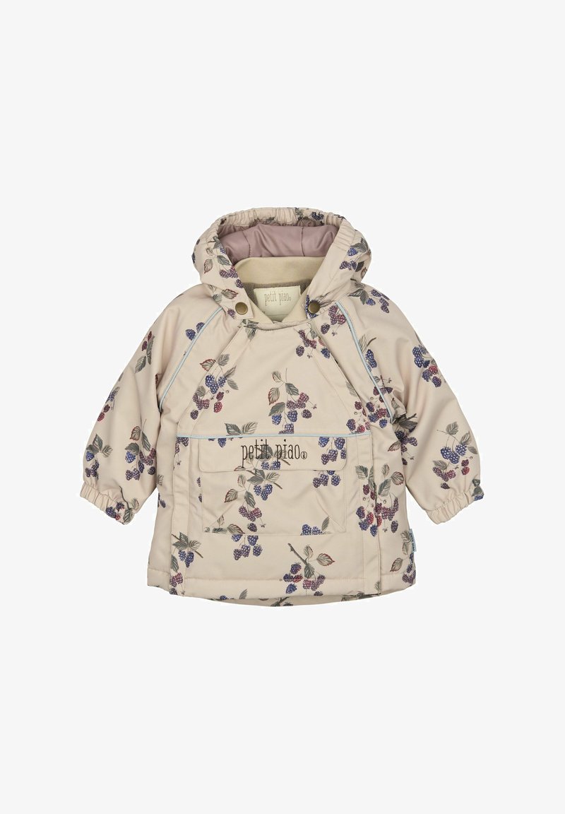 Svijetlosmeđa jakna s cvjetnim uzorkom u ljubičastoj i zelenoj boji. Ima kapuljaču, elastične manžete i prednji džep. Logo je vidljiv na džepu.