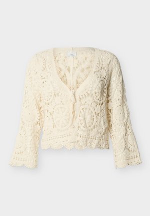 Haut à manches longues en dentelle crochet de couleur crème avec encolure en V, bords festonnés et motifs floraux et circulaires complexes.