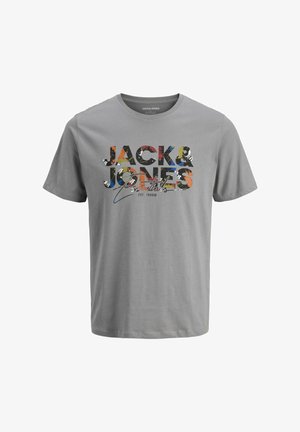 Grijze katoenen t-shirt met een kleurrijke grafische print met de tekst "JACK & JONES" en "Essentials", korte mouwen en een ronde hals.