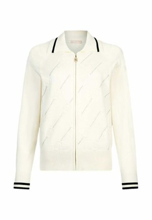 Cardigan bianco lavorato a maglia con zip frontale, colletto a coste e polsini. Presenta strisce nere sulle maniche e un sottile motivo a rose su tutta la superficie.