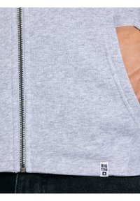 Zbliżenie na jasnoszarą bluzę zapinaną na zamek z lewą ręką w przedniej kieszeni i metką „Big Star” przy dolnym brzegu, na tle ciemnych spodni.