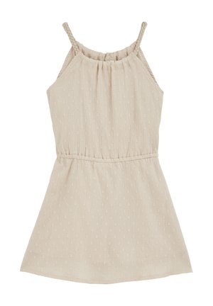 Robe beige clair avec des bretelles tressées, tissu texturé à motifs à pois, encolure froncée et taille élastique pour un design ajusté.