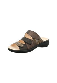 Braune Riemensandalette mit zwei verstellbaren Riemen, glänzender Oberfläche und einem kontrastierenden Musterpanel. Gepolsterte Innensohle und niedriger Keilabsatz.