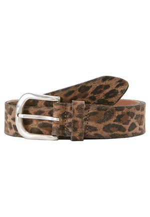 Leopard print suede belt with a silver-tone metal buckle, featuring a smooth texture and tapered end design.