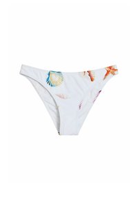 Biele bikiny spodky s farebnou potlačou mušlí a hviezdic. Mäkká tkanina s hladkým povrchom, nízky strih a elastický pás.