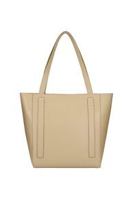 Beżowa skórzana torba torebka z pionowymi przyszywanymi akcentami, dwoma solidnymi uchwytami i usztywnionym prostokątnym kształtem. Gładka tekstura, minimalistyczny design.