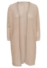 Světle béžový kardigan s otevřeným pletením a dlouhými rukávy, který má volný střih a strukturovaný vzor po celé ploše. Bez zapínání. Měkká tkanina.