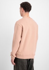 Sudadera rosa claro de manga larga, con puños y dobladillo acanalados, presenta un pequeño detalle cuadrado en la parte posterior. Combinada con pantalones gris oscuro.