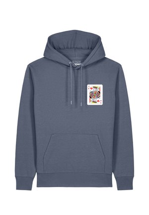 Sweat à capuche bleu marine avec poche avant et cordons, présentant un visuel de carte à jouer Roi de Cœur sur la poitrine gauche.