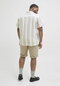 Kurzärmliges, gestreiftes Hemd in hellem Creme und Beige mit einem Knopfkragen, kombiniert mit khakifarbenen Umschlagshorts und schwarzen Schuhen.