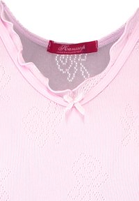 Light pink ribbed top featuring a rounded neckline, ruffled accents, and a small bow detail. Label visible with "Hannsofh Underwearshop."