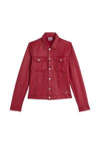 Giacca in finta pelle rossa con maniche lunghe, chiusura a bottoni, due tasche sul petto e accessori in metallo argentato. Tessuto morbido e vestibilità sartoriale.