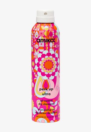 Amika Perk Up Ultra Trockenshampoo-Dose mit hellen pinken, orangefarbenen und blauen geometrischen Blumendesigns, für Fettkontrolle gekennzeichnet.