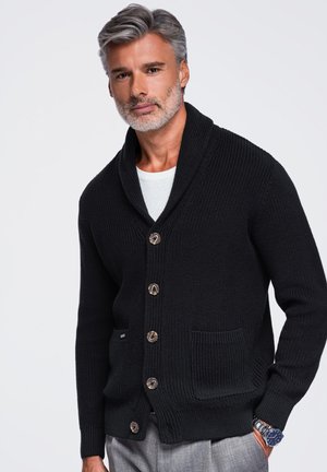 Homme d'âge moyen aux cheveux et à la barbe grise portant un cardigan en tricot noir par-dessus une chemise blanche, un pantalon gris et une montre-bracelet, debout devant un fond uni.