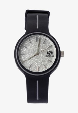 Czarny zegarek na silikonowym pasku z okrągłą, srebrną tarczą o brokatowej teksturze, srebrnymi znacznikami godzinowymi oraz prostą koronką do regulacji.