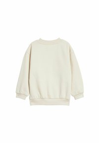 Ljusbeige sweatshirt med rundad halsringning, ribbade muddar och nederkant; har en avslappnad passform och mjuk textur. Inga mönster eller dekorationer.