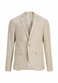 Blazer de lino beige claro con dos bolsillos delanteros, cierre de un botón, solapas con muesca y un forro interior liso. Acabado de tejido texturizado.