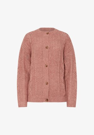 Gebreide cardigan in zacht roze met een getextureerd patroon, met een ronde halslijn en vijf houten knopen aan de voorkant.