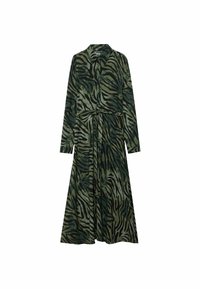 Abito a maniche lunghe con bottoni, stampa zebra verde e nera, colletto e cintura in coordinato legata in vita.