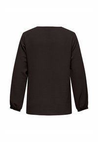 Černý dlouhý rukáv top s texturovanou tkaninou, širokým výstřihem a elastickými manžetami. Jednoduchý design bez dalších vzorů nebo akcentů.