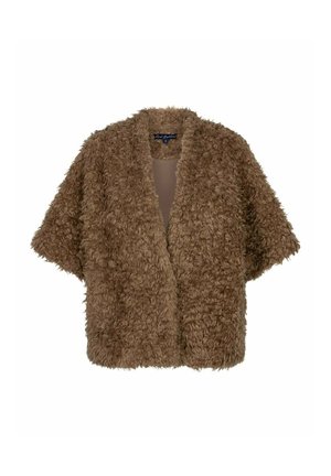 Bruine krullende faux fur korte mouwen open voorkant jas met een losse pasvorm en zachte textuur.