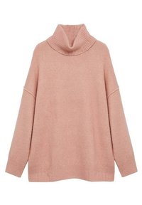 Pull col roulé oversize rose doux avec manches longues et poignets, ourlet et encolure côtelés.