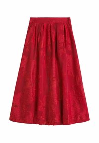 Red A-line skirt featuring a floral embossed pattern, pleated design, and a textured fabric. Mid-length with a fitted waistband.