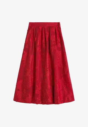 Rødt A-formet nederdel med prægede blomsterdetaljer, plisseret design og tekstureret stof. Midt-længde med en tætsiddende talje.