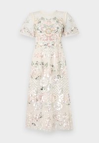 Šaty s priesvitnou tkaninou pokrytou flitrami a kvetinovou výšivkou v pastelových farbách. Krátke nafúknuté rukávy a okrúhly výstrih. Midi dĺžka.