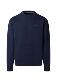 Felpa girocollo blu navy con maniche lunghe e una piccola etichetta logo rettangolare sul petto a sinistra.