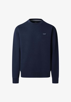 Marineblauer Sweatshirt mit Rundhalsausschnitt, langen Ärmeln und einem kleinen rechteckigen Logoetikett auf der linken Brust.