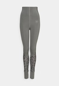 Legginsy o wysokim stanie w oliwkowym kolorze z panelami w wzór lamparta na dolnej części nóg, z okrągłym logo z przodu.
