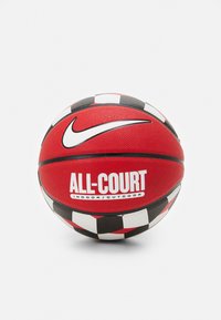 Red basketball with a textured surface, featuring a prominent white Nike swoosh and "ALL-COURT" branding, accented with black and white checkerboard pattern.
