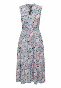 Kukkakuvioinen midi-mekko vaaleansinisestä kankaasta, jossa onolkavarren malli, kerrostettu hame, joustava vyötärö ja avainaukko-kaula-aukon yksityiskohta.