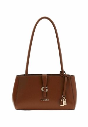 Sac à main synthétique marron au design structuré, avec des anses allongées et un accent logo argenté. Comprend un petit détail de cadenas.