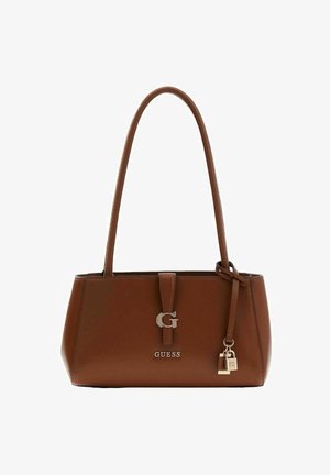 Sac à main synthétique marron au design structuré, avec des anses allongées et un accent logo argenté. Comprend un petit détail de cadenas.