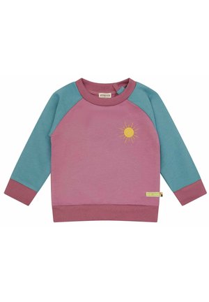 Sweatshirt mit pinkem Körper, türkisfarbenen Raglanärmeln und purpurfarbnem Rippabschluss. Auf der Vorderseite ist eine gelbe Sonnenstickerei zu sehen. Material aus Baumwollgemisch.