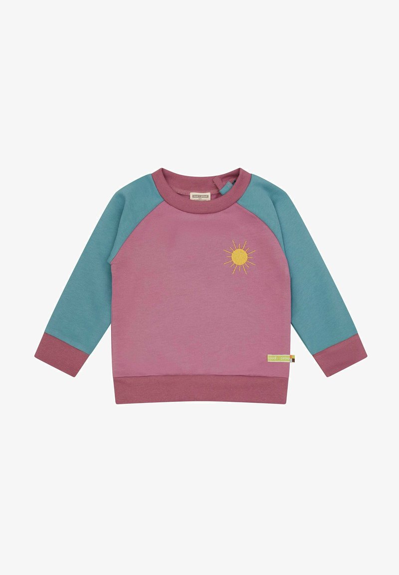 Sweater met een roze lichaam, teal raglanmouwen en een paarse geribbelde zoom. Voorzien van een gele zonbroderie aan de voorkant. Gemaakt van een katoenmix.