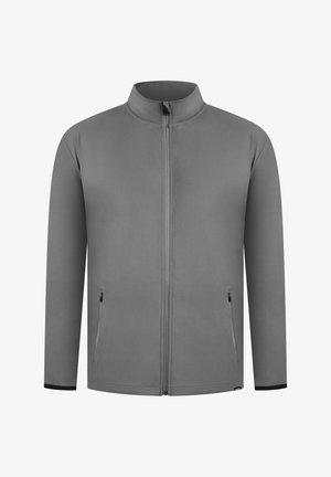 Grijze zip-up jack met een hoge kraag, twee zijzakken met ritsen en zwarte accenten op de manchetten, gemaakt van een gladde, zachte stof.