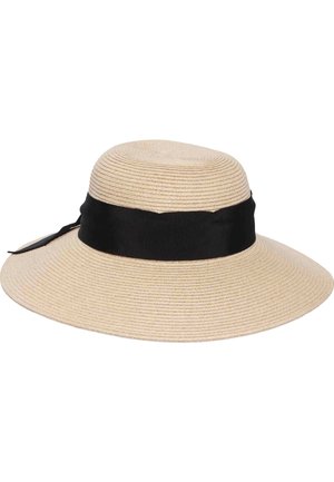 Cappello di paglia beige a tesa larga con corona arrotondata e una fascia nera larga legata intorno alla base della corona.