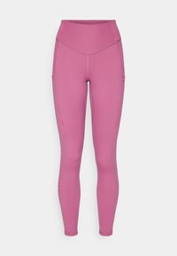 Rosa Leggings aus dehnbarem Material mit hohem Taillenbund, Seitentaschen und kontrastierenden Nähten. Glatte Oberfläche.