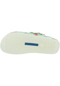 Birkenstock sandals with a multicolored floral design on a mint background, featuring a white textured rubber sole and a metallic buckle.