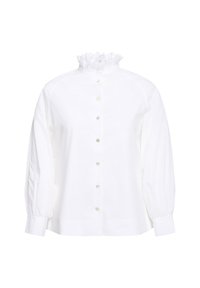 Weißes Hemd mit langen Puffärmeln, das einen mit Spitze verzierten Kragen und kleine runde Knöpfe auf der Vorderseite hat. Weicher Baumwollstoff.