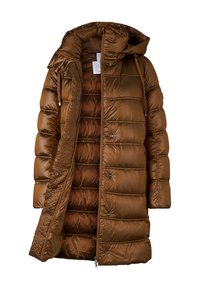 Brun dunfrakke med hætte, blank finish, quiltet tekstur, lynlås foran og trykknapper, med foret inderside og justerbare snore.
