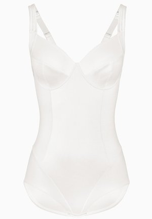 Body bianco con coppe sagomate, spalline regolabili e una texture liscia. Presenta lati senza cuciture e un design aderente.