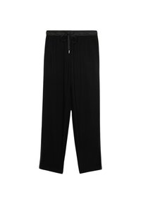 Zwarte lichtebroek met een elastische tailleband, trekkoord en twee zijzakken; losvallend met een recht model.